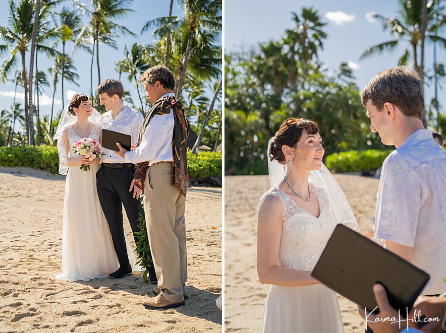 bride and groom marry on a sandy beach in hawaii with a hwaiian minister 