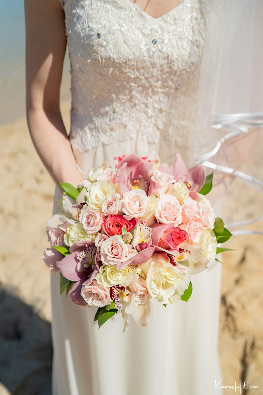 beach wedding bouquet with roses and lilies 