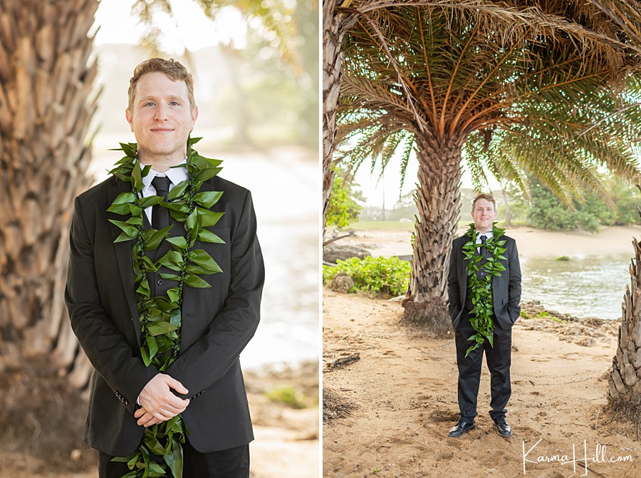 groom looks for beach wedding