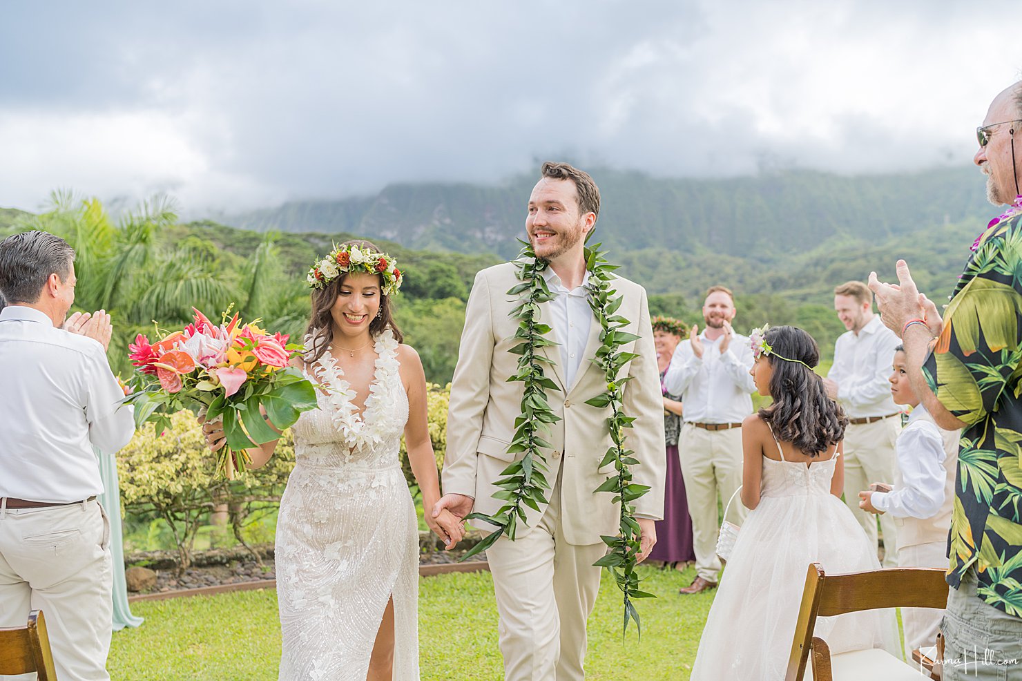 happy couple just married in oahu