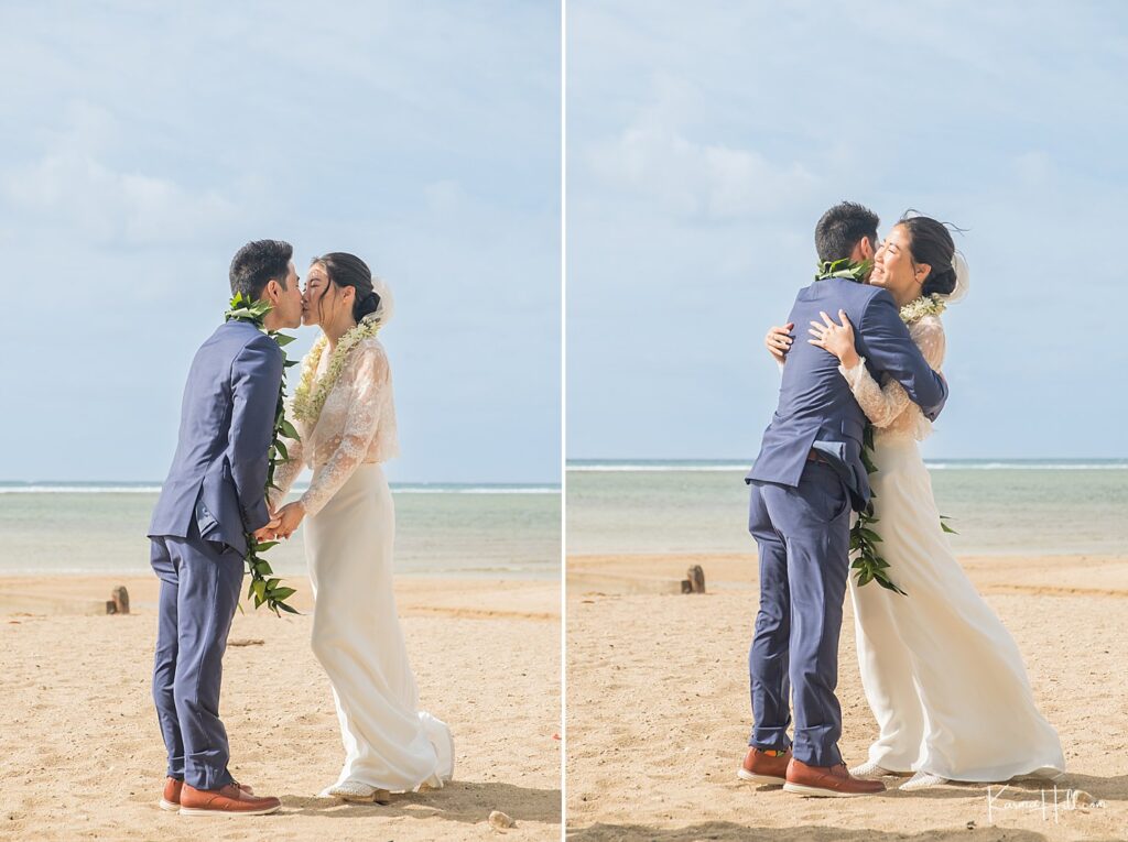 First kiss at a Hawaii wedding ceremony